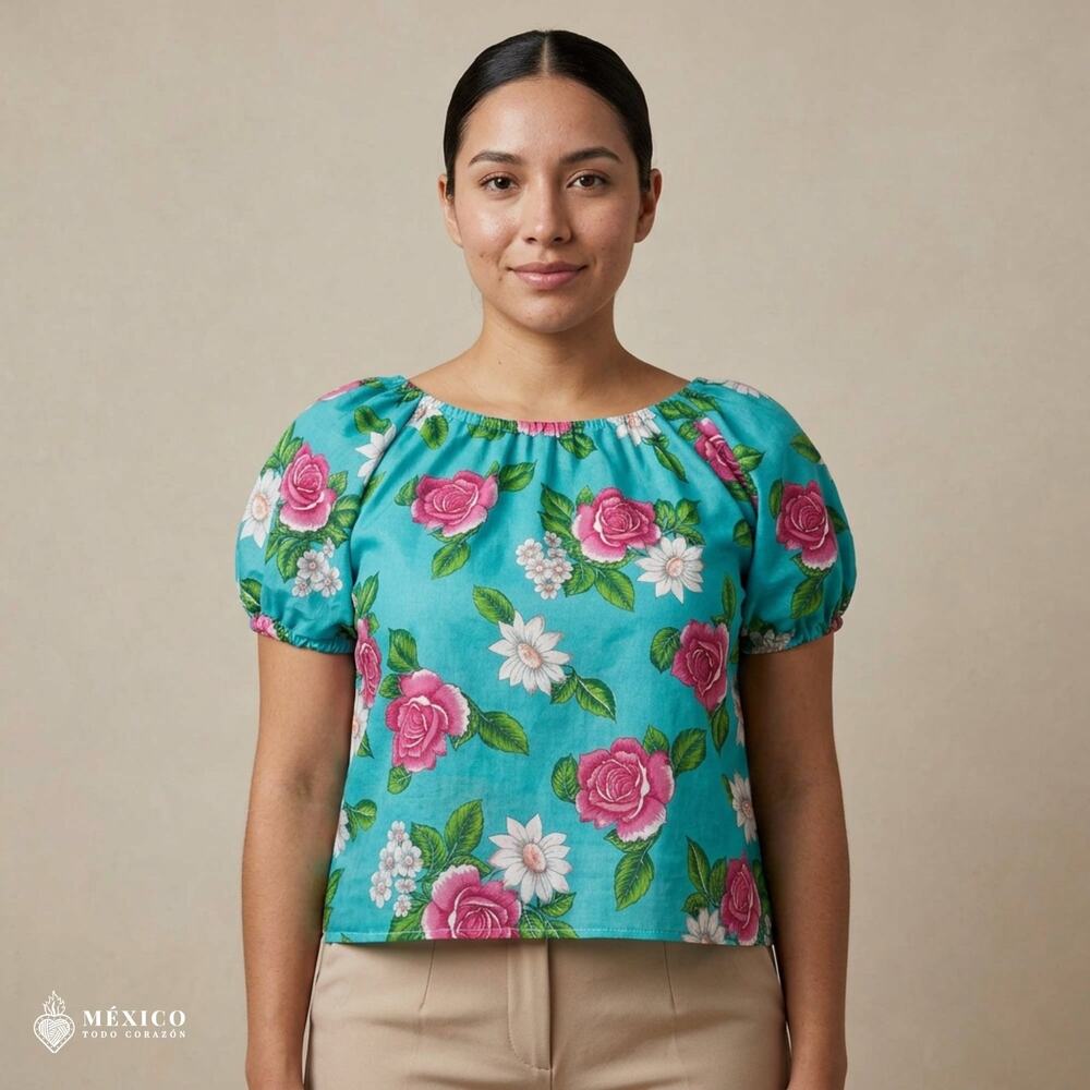 Traditional Mexican Floral Blouse – Lightweight Polyester Folk Style Top